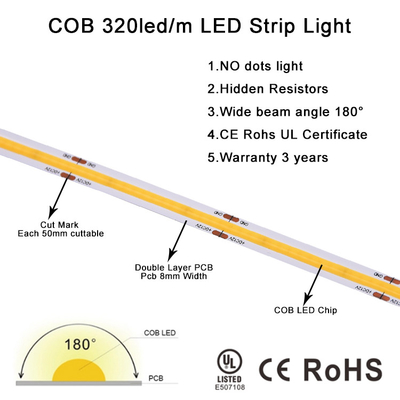 Wodoodporne paski LED COB Bez kropek Łączenie cięcia 12 24 V Biały Super Bright